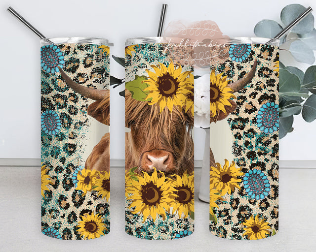 Highland Cow Design Tumbler, Leopard Turquoise Tumbler Wrap, Cow Sunflower 20oz Skinny Tumbler, Gemstone Png, Western Sublimation Design, Digital Download Sublimation Rabbitmakies 