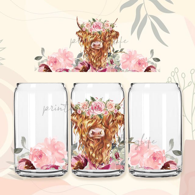 Highland Cow Floral 16 oz Libbey Glass Can Tumbler Sublimation Design, Cow Design Digital Download PNG Sublimation PrintingLife 