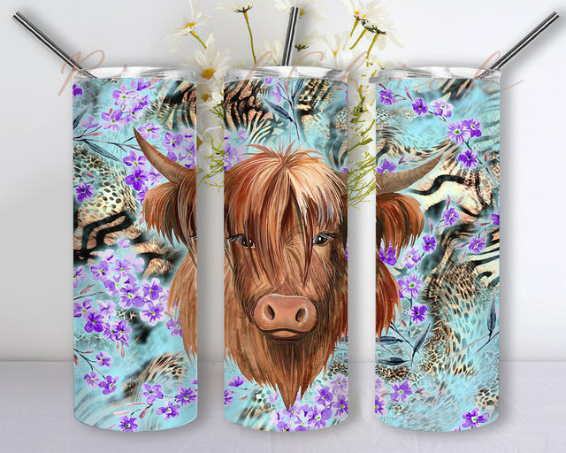Highland Cow Floral 20oz Skinny Tumbler PNG, Cow Tumbler Png, Leopard and Cowhide Tumbler png Sublimation PixelChick 
