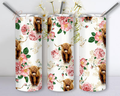 Highland Cow Floral Tumbler Wrap PNG Sublimation Tumbler Seamless Sublimation Designs Downloads, Skinny Tumbler 20oz Design Sublimation PixelChick 