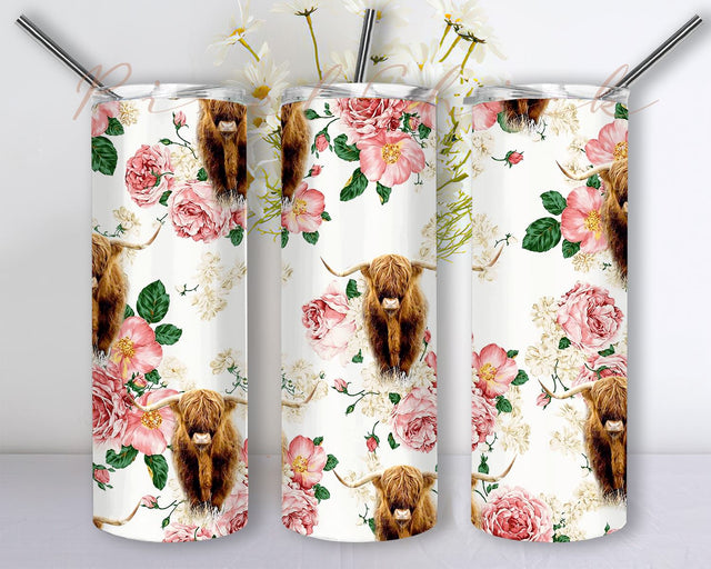 Highland Cow Floral Tumbler Wrap PNG Sublimation Tumbler Seamless Sublimation Designs Downloads, Skinny Tumbler 20oz Design Sublimation PixelChick 