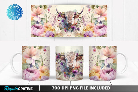 Highland Cow Flower 11, 12 & 15 Oz Mug Sublimation Sublimation Regulrcrative 