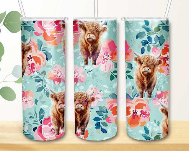 Highland Cow Flower 20oz Skinny Tumbler Png, Rustic Country Png, Boho Flowers, Cow Lover, Country Life, Farm Life, Highland Cow Tumbler Sublimation sassyprint 