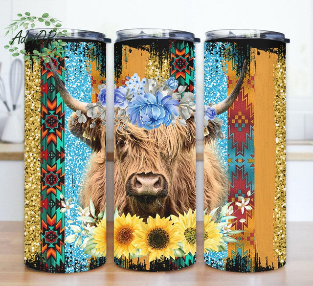 Highland Cow Flower Tumbler Design, Highland Cow 20oz Skinny Tumbler, Aztec Glitter Tumbler Wrap, Western Cow Tumbler Design, Highland Cow Subliamtion Design, Instant Download Sublimation AdriOP 