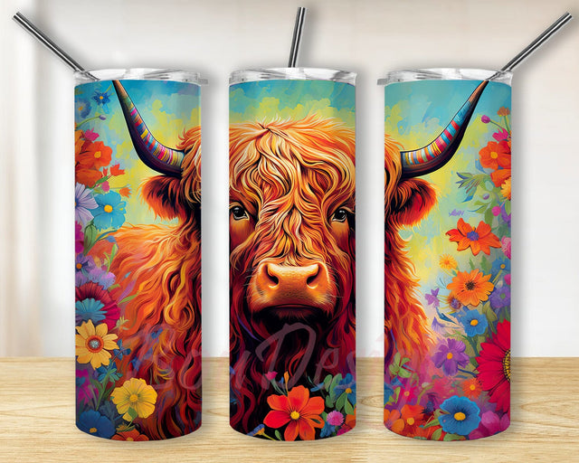 Highland Cow Flowers 20oz Skinny Tumbler Png, Vibrant Colors Tumbler, Colorful Flowers Highland Cow Tumbler, Colorful Flowers Tumbler, Colorful Highland Cow Tumbler Sublimation BouDesign 