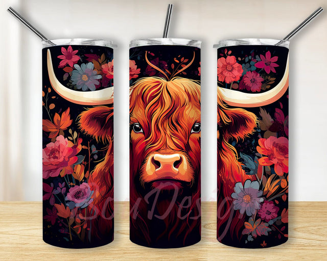 Highland Cow Flowers 20oz Skinny Tumbler Png, Vibrant Colors Tumbler, Colorful Flowers Highland Cow Tumbler, Colorful Flowers Tumbler, Colorful Highland Cow Tumbler Sublimation BouDesign 