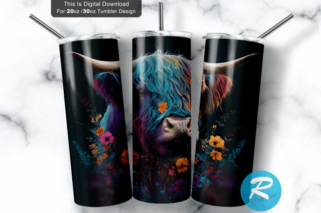 Highland Cow Flowers Wild 20 oz / 30 oz Skinny Tumbler Sublimation Regulrcrative 