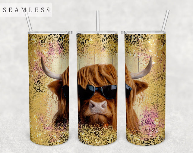 Highland Cow In Sunglasses Tumbler Wrap, 20 Oz Skinny Tumbler Sublimation Design, Seamless Highland Cow Tumbler PNG Sublimation HappyDesignStudio 