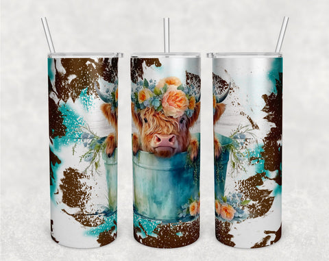 Highland Cow In The Bucket Tumbler Wraps Bundle, 20 Oz Skinny Tumbler Funny Highland Cow Sublimation Designs, Seamless Heifer PNG, 5 Designs Sublimation HappyDesignStudio 
