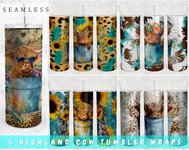 Highland Cow In The Bucket Tumbler Wraps Bundle, 20 Oz Skinny Tumbler Funny Highland Cow Sublimation Designs, Seamless Heifer PNG, 5 Designs Sublimation HappyDesignStudio 