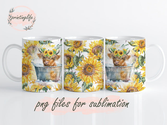 Highland Cow in the Tub Mug Sublimation, Farm Sunflowers Mug Press, Highland Cow Mug Wrap Template Sublimation PrintingLife 