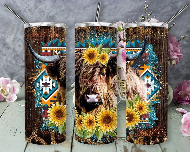 Highland Cow Leopard Sunflowers Tumbler, 20oz Skinny Tumbler Sublimation Designs Tumbler for Straight and Tapered PNG File Digital Download, Sublimation Design Tumbler Sublimation DesignSVG 