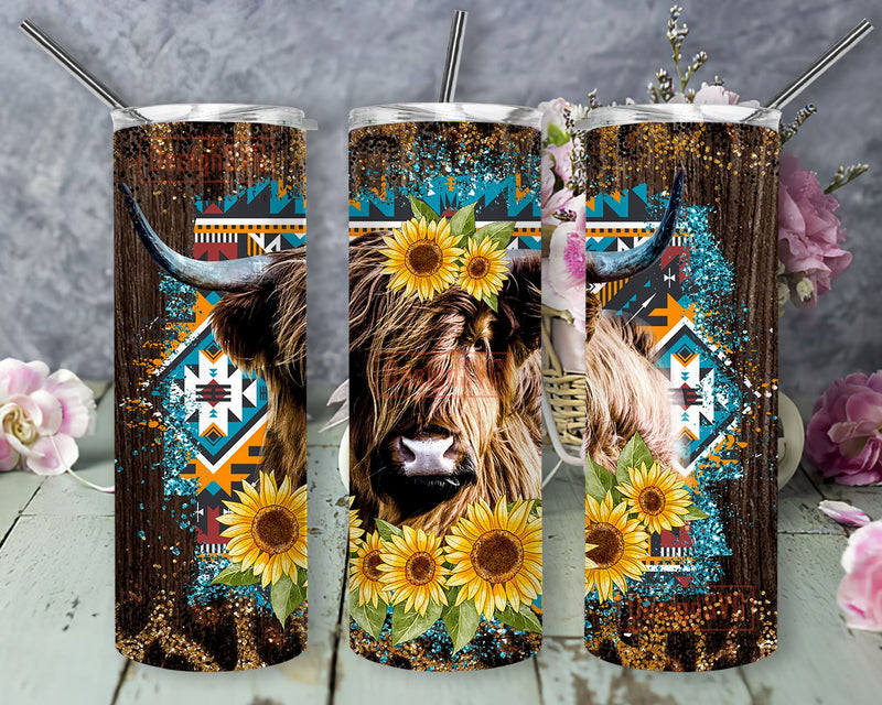 Highland Cow Leopard Sunflowers Tumbler, 20oz Skinny Tumbler Sublimation Designs Tumbler for Straight and Tapered PNG File Digital Download, Sublimation Design Tumbler Sublimation DesignSVG 