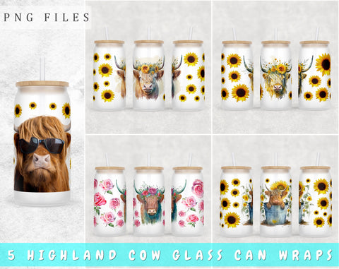 Highland Cow Libbey Glass Can Wraps, 16 Oz Glass Can Sublimation Designs, Highland Cow Glass Can PNG Files, Heifer Glass Can Wraps Sublimation HappyDesignStudio 