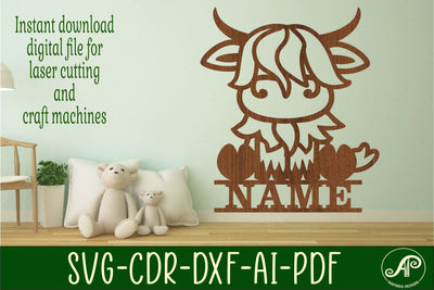 Highland Cow Name sign SVG laser cut template farm animal SVG APInspireddesigns 