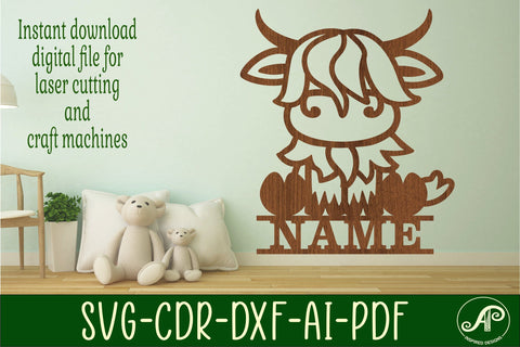 Highland Cow Name sign SVG laser cut template farm animal SVG APInspireddesigns 