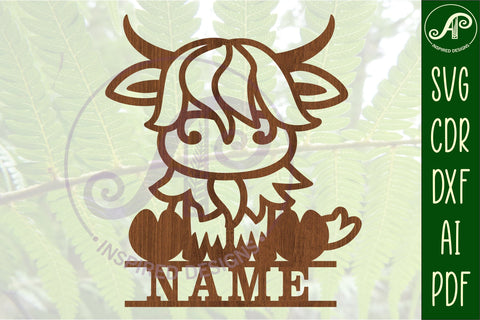 Highland Cow Name sign SVG laser cut template farm animal SVG APInspireddesigns 