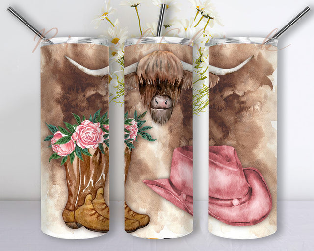 Highland Cow, Pink Hat and Floral Western Boots Wrap, Cowgirl Life, CowHide Tumbler Sublimation 20oz Straight Skinny Design Sublimation PixelChick 