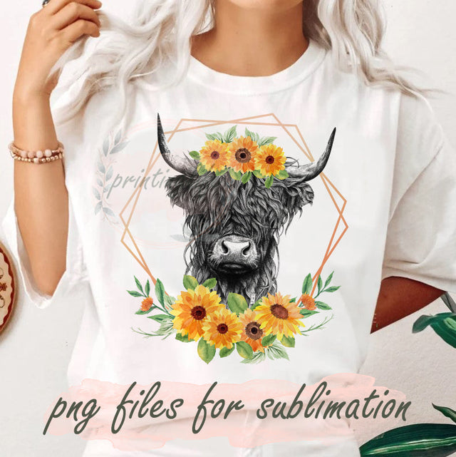 Highland cow PNG Digital download, Highland Cow With Sunflowers PNG, Highland Cow Rustic Sunflowers PNG Sublimation Design Sublimation PrintingLife 