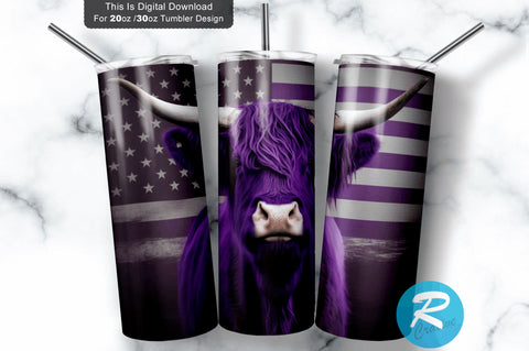 Highland Cow Purple Usa Flag 20 oz / 30 oz Skinny Tumbler Sublimation Regulrcrative 