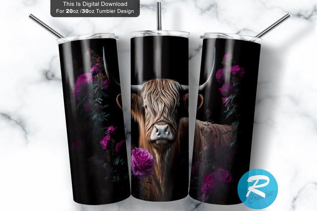 Highland Cow Rose Flower 20 oz / 30 oz Skinny Tumbler Sublimation Regulrcrative 