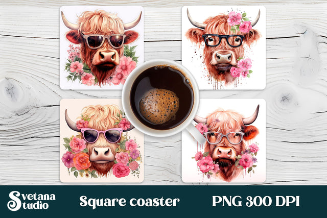 Highland cow square coaster PNG Sublimation Svetana Studio 