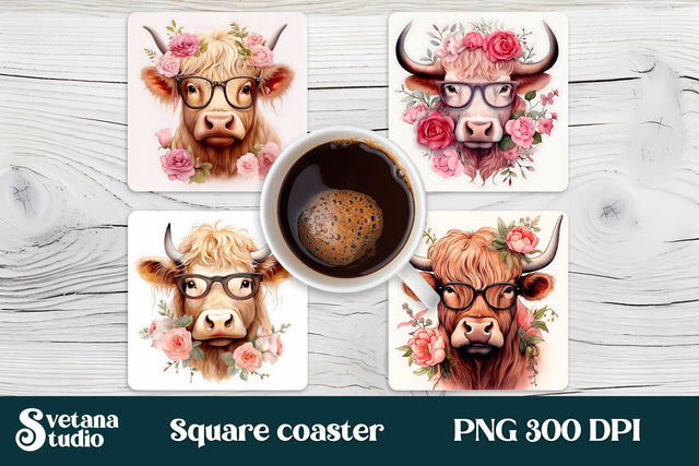 Highland cow square coaster sublimation | Cow coaster PNG Sublimation Svetana Studio 