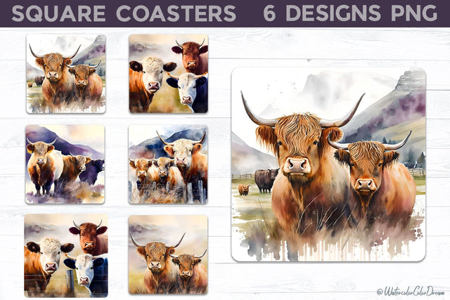 Highland Cow Square Coasters | Cow Coasters Sublimation WatercolorColorDream 