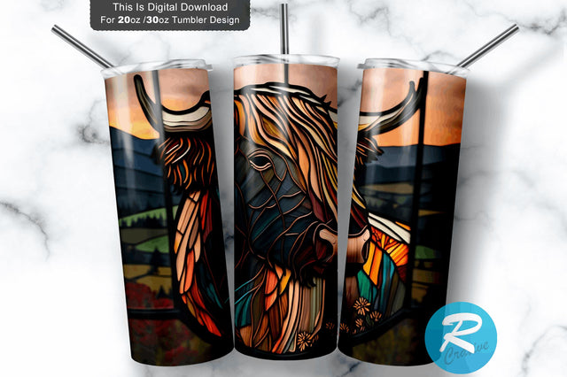 Highland Cow Stained Glass 20 oz / 30 oz Skinny Tumbler Sublimation Regulrcrative 