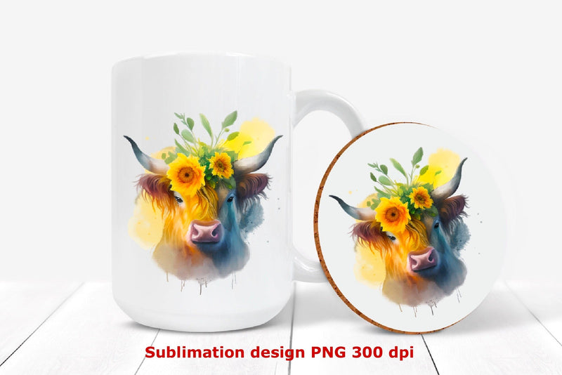 Highland cow sublimation design with sunflowers PNG - So Fontsy