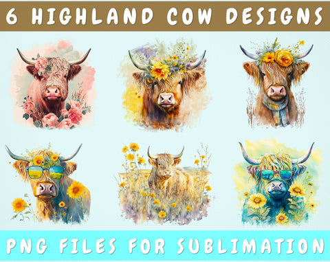 Highland Cow Sublimation Designs Bundle, 6 Designs, Highland PNG Files, Highland Cow With Sunflowers PNG, Highland Cow In Sunglasses PNG Sublimation HappyDesignStudio 