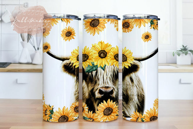 Highland Cow Sunflower 20oz Skinny Tumbler PNG , Animal Sublimation Design, Highland Cow Sublimation 20oz Tumbler, Digital Download PNG Sublimation Rabbitmakies 