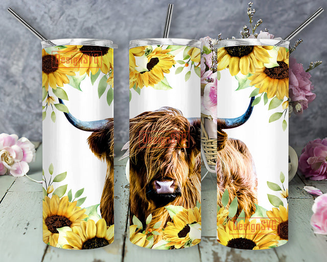 Highland Cow Sunflower 20oz Skinny Tumbler Sublimation, Highland Cow Tumbler for Straight and Tapered Tumbler PNG File Digital Download Sublimation DesignSVG 