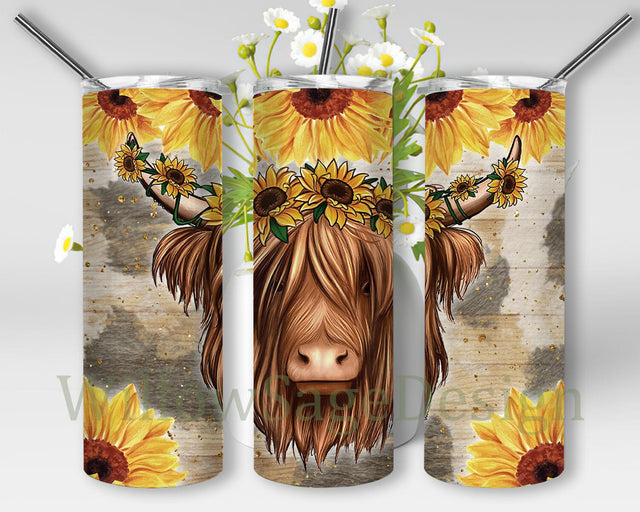 Highland Cow Sunflower 20oz Skinny Tumbler, Western Highland Cow Tumbler Png, Cowhide Tumbler Wrap, Cow Sublimation Design for Straight, Digital Download Sublimation WillowSageDesign 