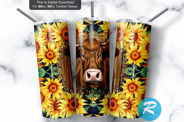 Highland Cow sunflower Floral 20 oz / 30 oz Tumbler PNG Sublimation Regulrcrative 