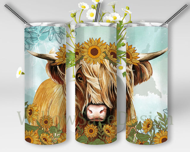 Highland Cow Sunflower Tumbler Wrap, Sunflower Tumbler Png, Highland Cow 20oz Skinny Tumbler, Cow Sublimation Design, Digital Download Sublimation WillowSageDesign 
