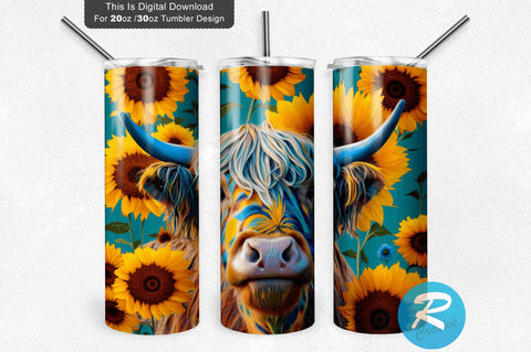 Highland Cow Sunflowers 20 Oz / 30 Oz Tumbler PNG Sublimation Regulrcrative 