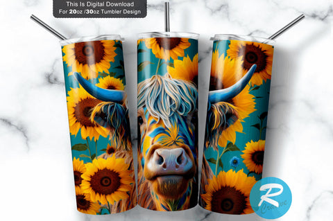 Highland Cow Sunflowers 20 Oz / 30 Oz Tumbler PNG Sublimation Regulrcrative 