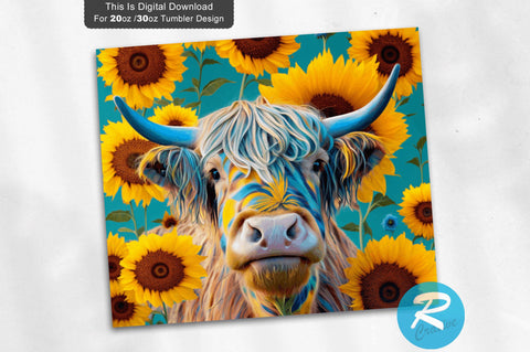 Highland Cow Sunflowers 20 Oz / 30 Oz Tumbler PNG Sublimation Regulrcrative 