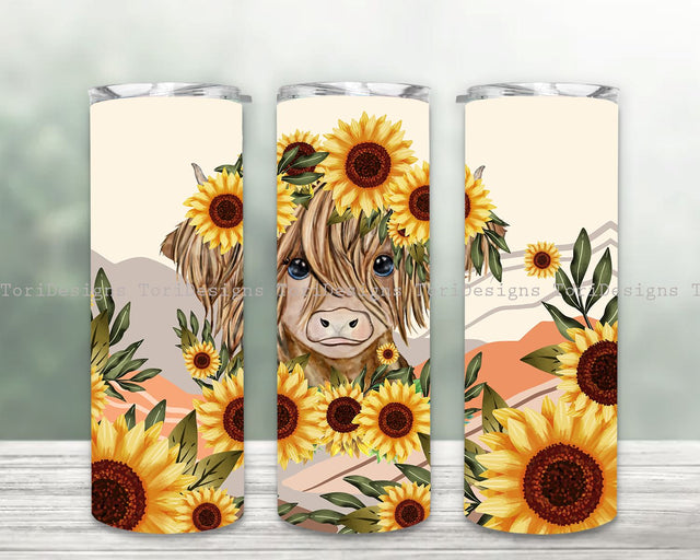 Highland Cow Sunflowers 20 oz Skinny Tumbler Sublimation Design, Watercolor Flowers, Digital Download, Straight & Tapered Tumbler Wrap PNG Sublimation ToriDesigns 