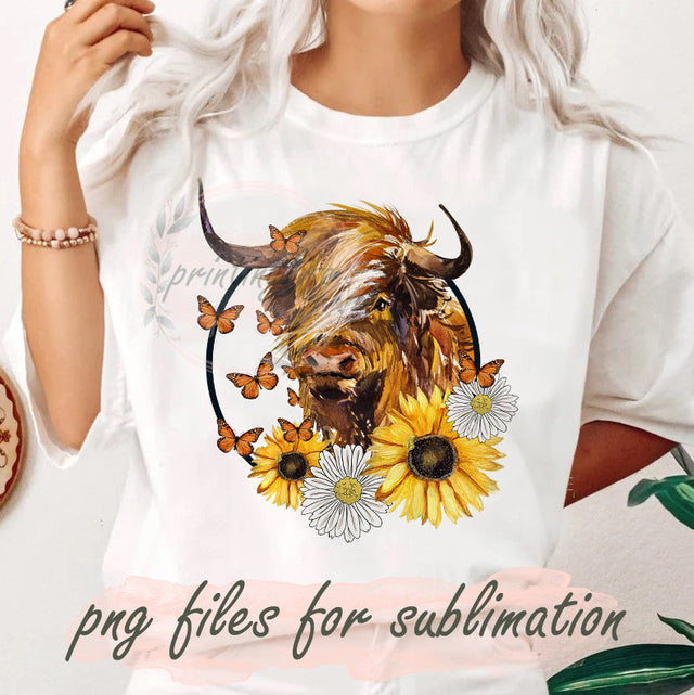 Highland Cow Sunflowers Png, Wildflowers Butterfy Design Png, Rustic Sunflowers Sublimation Png, Country Highland Cow Png, Highland Cow Daisy Png, Digital Download Sublimation PrintingLife 