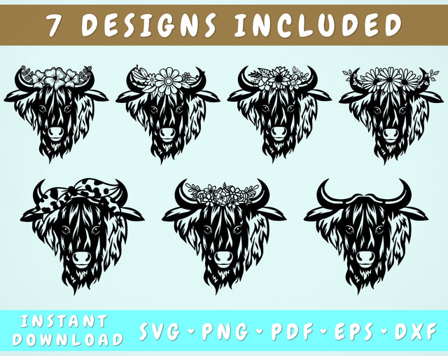 Highland Cow SVG - 7 Designs, Highland Heifer SVG, Heifer with Flowers SVG, Heifer with Bandana SVG SVG HappyDesignStudio 