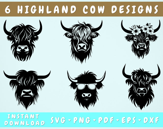 Highland Cow SVG Bundle, 6 Designs, Highland Cow PNG, Highland Cow Clipart SVG HappyDesignStudio 