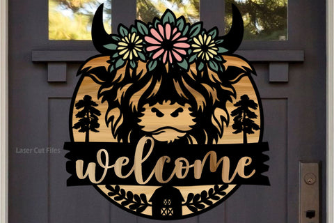 Highland Cow SVG Laser Cut Files | Daisy SVG | Welcome Sign SVG | Glowforge Files SVG Cloud9Design 