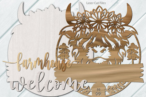 Highland Cow SVG Laser Cut Files | Daisy SVG | Welcome Sign SVG | Glowforge Files SVG Cloud9Design 