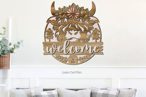 Highland Cow SVG Laser Cut Files | Daisy SVG | Welcome Sign SVG | Glowforge Files SVG Cloud9Design 