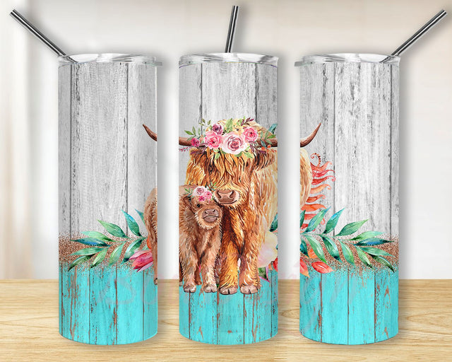 Highland Cow Tumbler 20oz Tumbler Sublimation Design PNG for Straight Tumbler PNG File, Digital Download, Watercolor Floral Highland Cow Sublimation BouDesign 