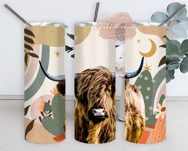Highland Cow Tumbler Design, Boho Highland Cow 20oz Skinny Png, Boho Western Tumbler Png, Abstract Cactus Design Png, Boho Tumbler Template, Digital Download Sublimation Rabbitmakies 