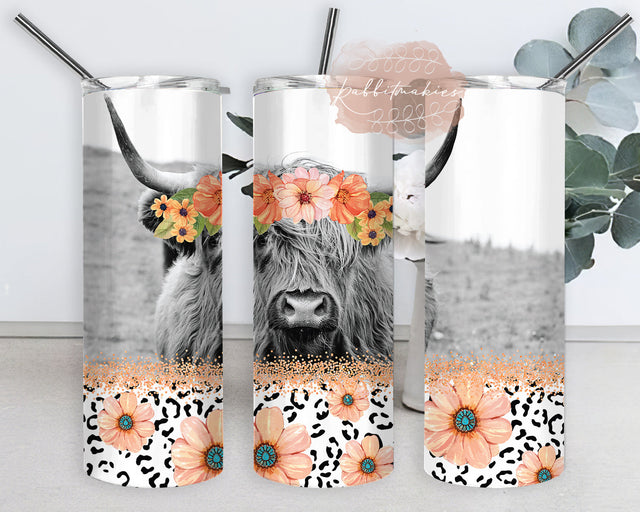 Highland Cow Tumbler Design, Cow Floral 20oz Tumbler Wrap, Leopard Floral Gemstone Tumbler Wrap, Western Png File, Cow Sublimation Design, Digital Download Sublimation Rabbitmakies 
