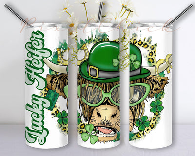 Highland Cow Tumbler Design, St Patricks Day, Lucky Heifer, Shamrock, Cow png, 20 oz sublimation tumbler, Cow tumbler wrap, digital download Sublimation PixelChick 